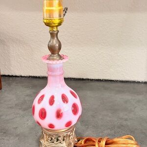 MCM Fenton Cranberry Opalescent Pink/Red Coin Dot Lamp Base With Brass